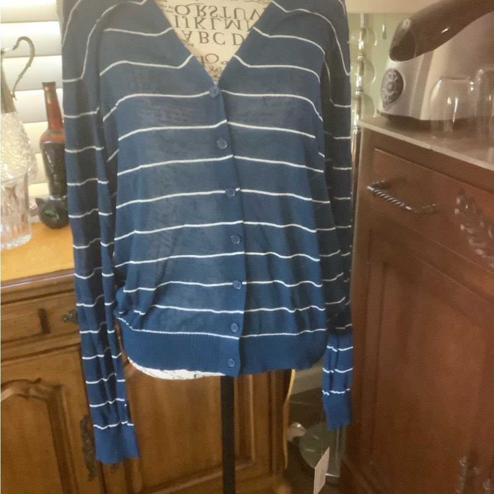 LuLaRoe Navy and White Striped Button-Up Cardigan